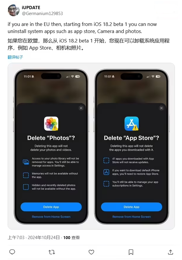 武陟苹果手机维修分享iOS 18.2 支持删除 App Store 应用商店 
