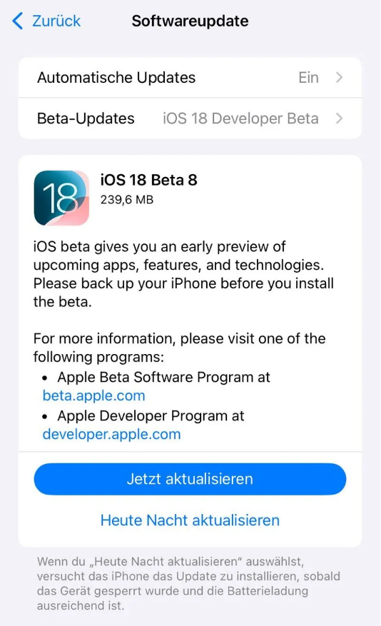 武陟苹果手机维修分享苹果 iOS / iPadOS 18 开发者预览版 Beta 8 发布 